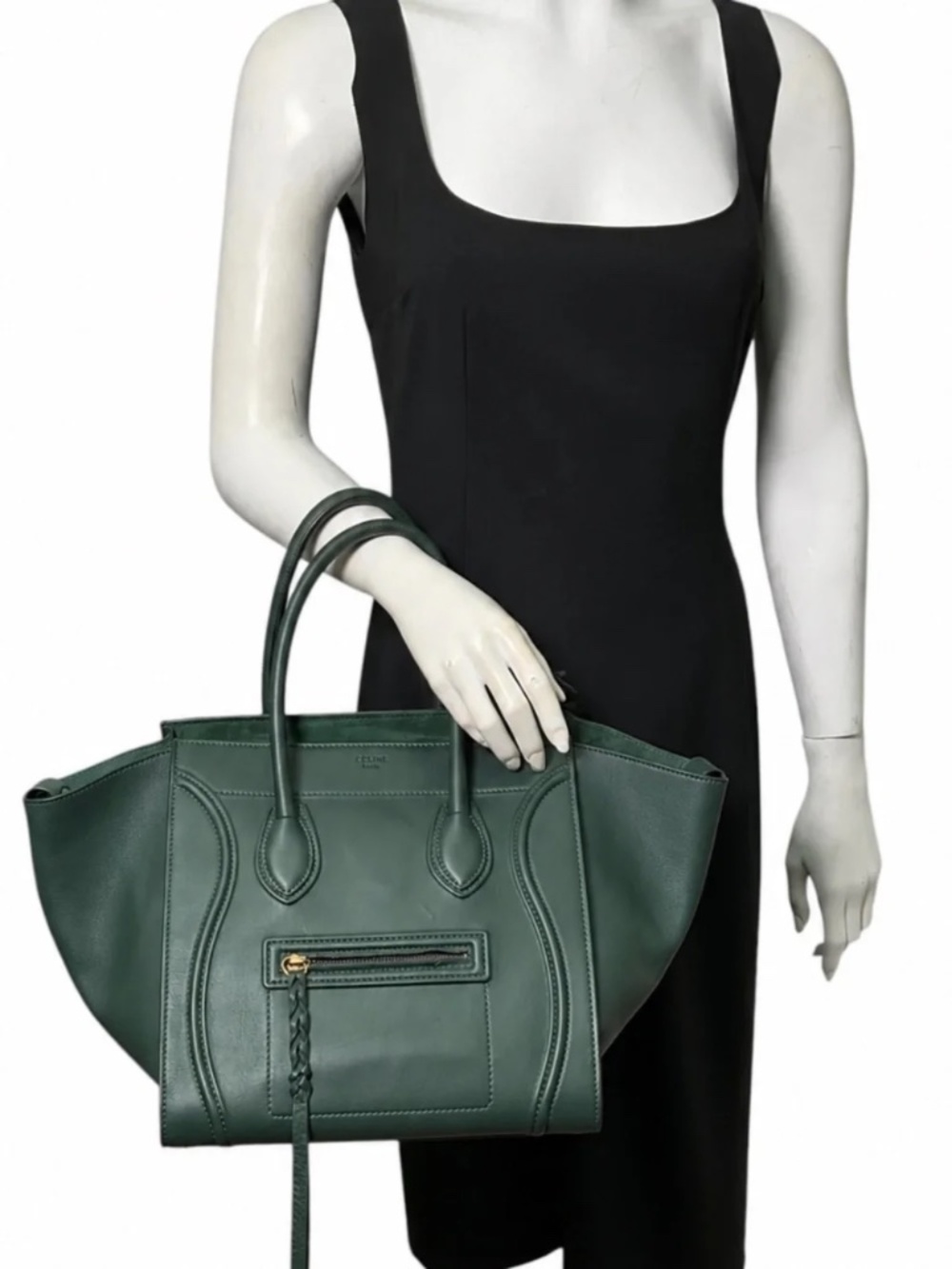 Winged Leather Mini Tote Bag Deep Emerald Green Black Suede Interior Braided Zip